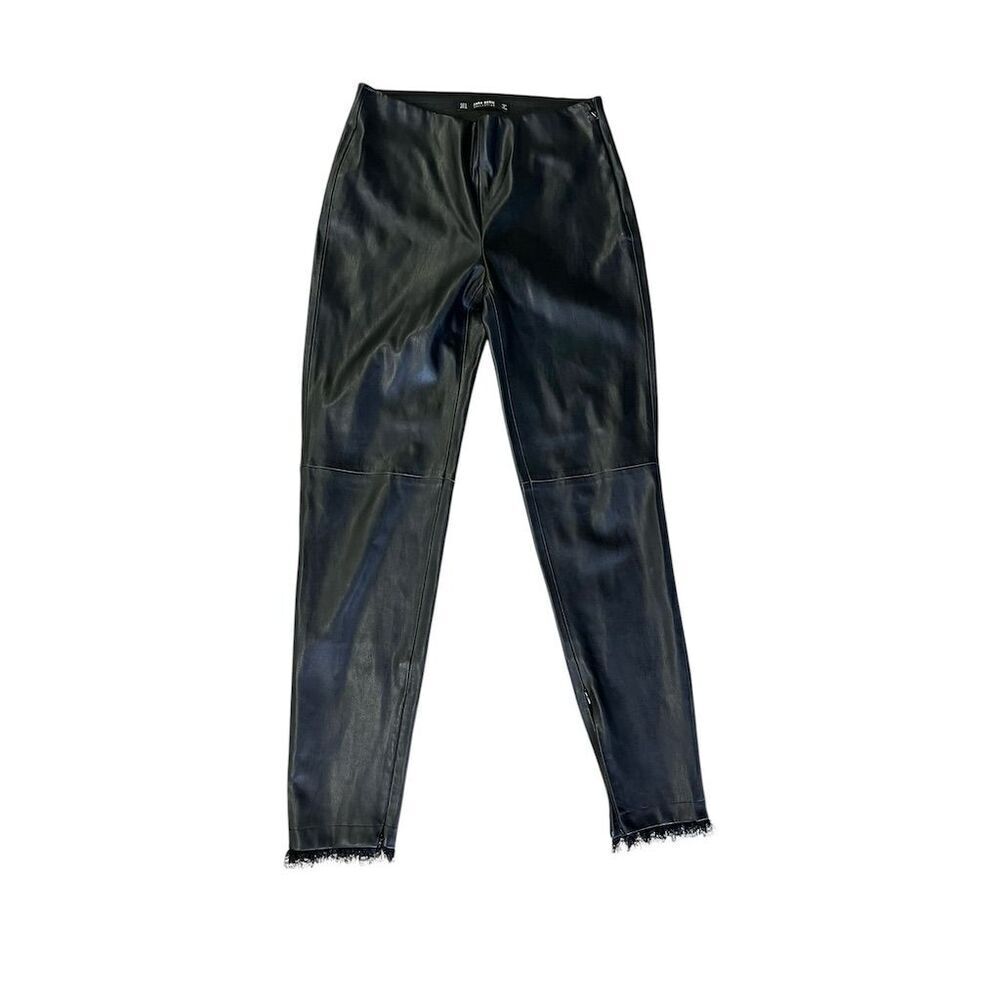 Zara Women's Black Faux Leather Leggings Lace Trim ‎ Ankle Casual